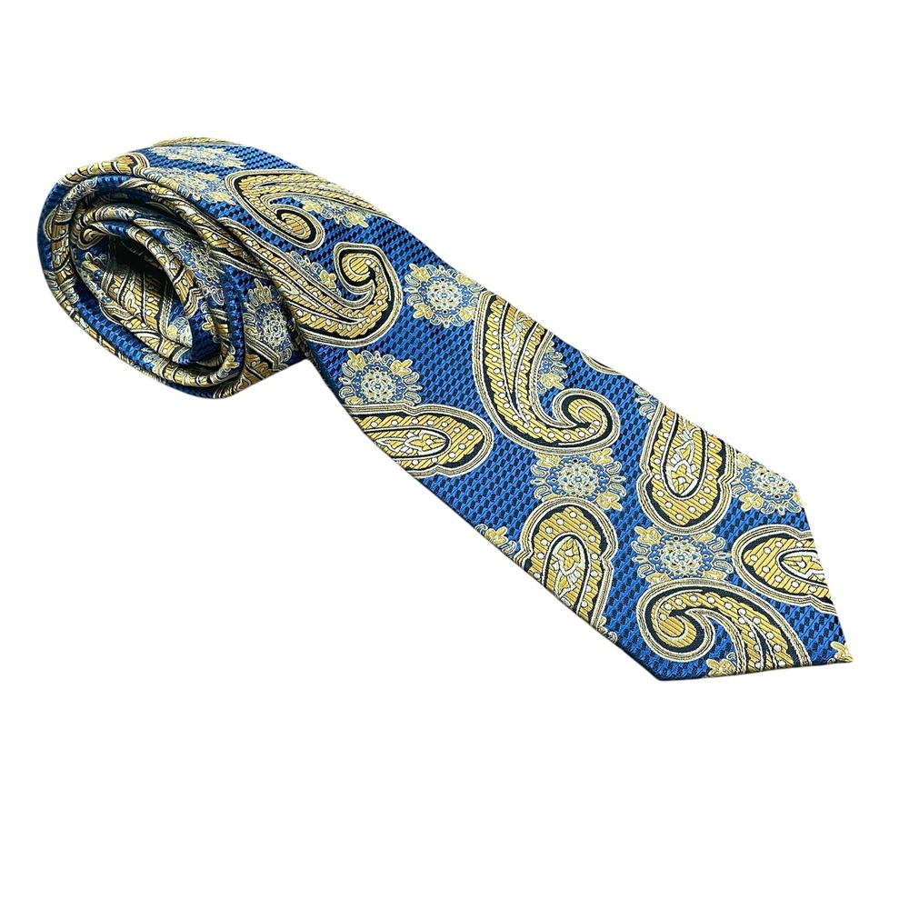 Venturi Uomo Men's Necktie New Blue‎ Gold Paisley Pattern Business Casual